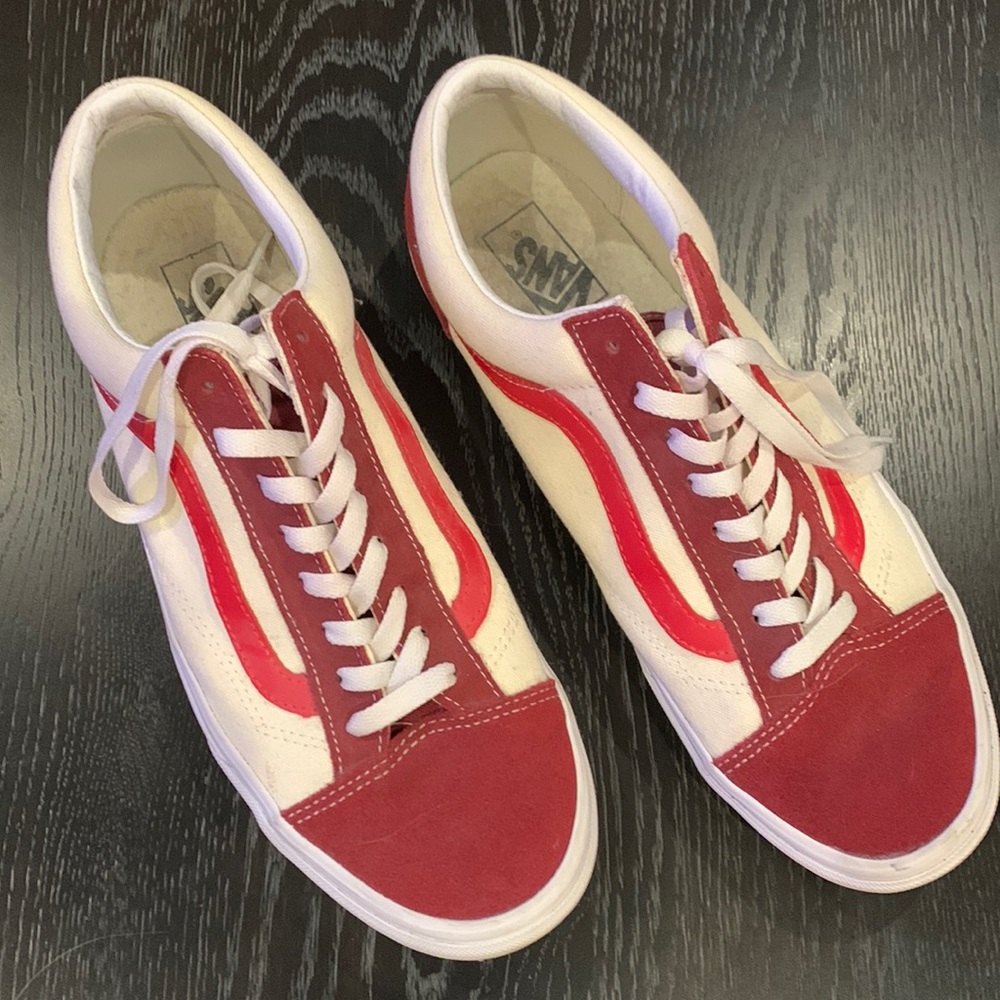 Vans shoes, Size 12, white with red leather toes and accents.